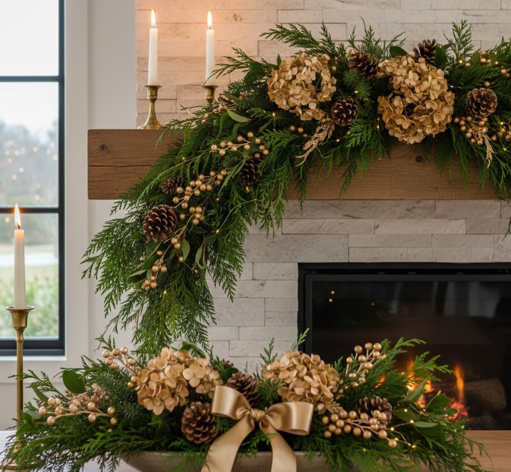 Winter botanical arrangement in living room